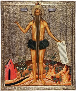 圣奥努弗勒（Saint Onuphre）。他是埃及的一名修道士，后来成为一名隐士，他的传统形象是留着长胡子，以树枝为衣。莫斯科佚名作品，木板钢笔画，约于 作者 学校俄语