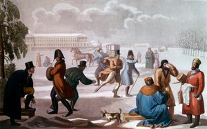 圣彼得堡的滑冰者。石版画，俄罗斯学校 作者 学校俄语