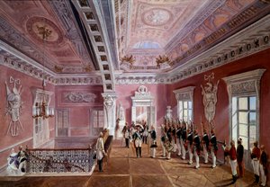 Take up the guard in the upper vestibule of Pavlosk Castle in the presence of Paul I lifting his hat. Painting by Schwartz (19th century) Ec. Rus. 作者 学校俄语