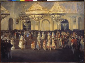 尼古拉一世（1796-1855 年）时期的冬宫（圣彼得堡）舞会。俄罗斯绘画大师的作品，布面油画，约创作于 1830 年。俄罗斯艺术