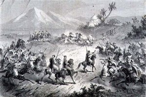 一次冒险，旅行者被强盗袭击，《重返世界》的插图（雕刻）。 作者 学校西班牙语