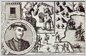1518 年 5 月，胡安·德·格里哈尔瓦 (Juan de Grijalva) 领导下的西班牙人在尤卡坦登陆，并在尚波顿战役中与玛雅战士交战（石版画） 作者 学校西班牙语
