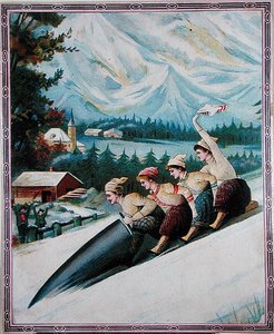 旅游者乘坐雪橇，20世纪初（彩色平版印刷）。 作者 瑞士学校