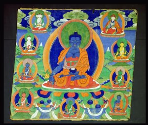 唐卡画作，显示藏传佛教的佛像，藏传佛教（Benshajyaguru（Menla）） 作者 藏族学校