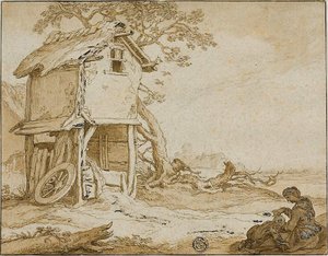 有巴恩斯特布尔、坐着的女人和孩子的风景画 作者 亚伯拉罕·布洛马特学校
