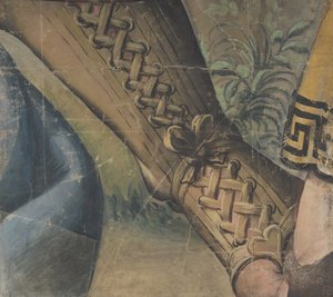 挂毯动画片的片段：穿着布袋的脚、窗帘和植物，1500-1550。 作者 拉斐尔学院。