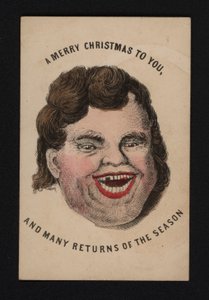 Face of a laughing man, Christmas greetings card, late 19th Century (coloured engraving)