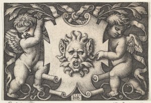 由两个精灵支撑的护罩上的面具，1544年。 作者 塞巴尔德·比哈姆