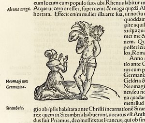 一位女巫召唤了一个三头恶魔，出自 1550 年塞巴斯蒂安·芒斯特 (Sebastian Munster) 所著的《宇宙志》（木刻版）