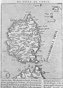 科西嘉岛，根据Sebastian Munster的 "Cosmographia Universalis "绘制。巴塞尔1558年 作者 塞巴斯蒂安·芒斯特（Sebastian Munster）