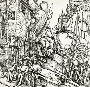 围攻迦太基，雕刻取自塞巴斯蒂安·蒙斯特（Sebastian Munster，1488-1552 年）的 Universalis Cosmographia（宇宙宇宙学）。 德国 作者 塞巴斯蒂安·芒斯特（Sebastian Munster）
