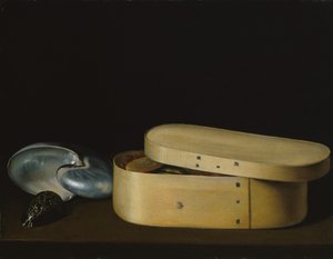 1620年代后期，带壳和木屑盒子的静物画。