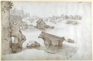 台伯河风景，包括罗托桥（在亚汶丁河上方）、马尔莫拉塔和大里帕的废墟（白纸上的钢笔和棕色墨水，棕色和灰色水洗）。 作者 塞巴斯蒂安·弗朗克斯（Sebastian Vrancx）