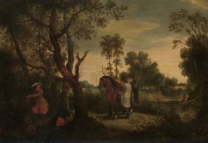 一位妇女骑上强盗的马：《De Gestrafte Rover》，约 1635 年（油画板）
