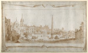 设计一个卷首画，可以看到 Porta del Popolo 内的罗马景色和 Pincio 的景色（纸上水洗的钢笔和墨水） 作者 塞巴斯蒂安·弗朗克斯（Sebastian Vrancx）