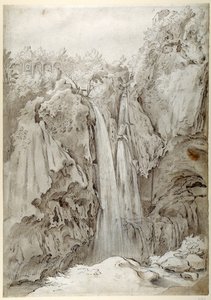 Tivoli 的 Aniene 的岩石和瀑布（钢笔和棕色墨水，白纸上的棕色水洗） 作者 塞巴斯蒂安·弗朗克斯（Sebastian Vrancx）