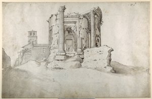 Tivoli 的 Tiburtine Sibyl 神庙遗址（钢笔和棕色墨水，白纸上灰棕色水洗） 作者 塞巴斯蒂安·弗朗克斯（Sebastian Vrancx）