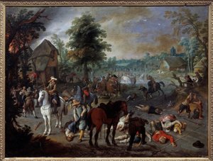 Sebastien Vrancx (1573-1647) (ec.flam.) 17 世纪尼姆美术馆的画作，村庄里的抢劫场景