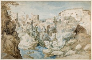 Tivoli 与 Tiburtine Sibyl 神庙和瀑布的景观（纸上用棕色和蓝色水洗笔和墨水） 作者 塞巴斯蒂安·弗朗克斯（Sebastian Vrancx）