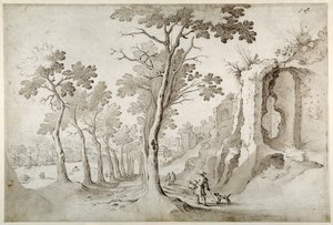 从 Aventine 废墟中的树大道上可以看到 Porta Ripa 的景色，俯视右侧的 S. Maria dell