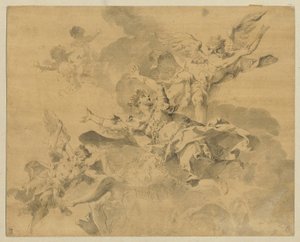 被复仇天使送入地狱的女王，约 1676-1746 年（纸上钢笔、墨水和水彩画） 作者 塞巴斯蒂亚诺·加莱奥蒂（Sebastiano Galeotti）