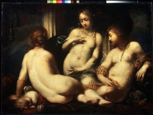 三圣母(三圣母》）。塞巴斯蒂亚诺-马佐尼（Sebastiano Mazzoni，1611-1678 年）的绘画，约创作于 1650 年。巴洛克风格的佛罗伦萨艺术。布面油画。莫斯科普希金美术博物馆