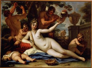 巴肯特和萨特尔Satyrs 从葡萄藤上摘葡萄，为躺着的裸女 Bacchante 端上红酒。塞巴斯蒂亚诺-利玛窦（Sebastiano Ricci，1659-1734 年）绘制，约 1713 年。威尼斯艺术。布面油画。萨，冬宫博物馆