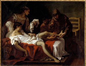 帕多瓦的圣安东尼 (san antonio di padova) 与一名因殴打母亲而拗脚的年轻人交战 塞巴斯蒂亚诺·里奇 (1659-1734) 绘画 作者 塞巴斯蒂亚诺·里奇（Sebastiano Ricci）