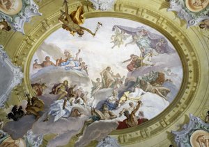 赫拉克勒斯的神化。塞巴斯蒂亚诺-利玛窦（1659-1734 年）的壁画。佛罗伦萨马鲁切利-芬西宫。 作者 塞巴斯蒂亚诺·里奇（Sebastiano Ricci）