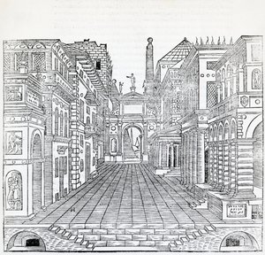 魔术场景，塞巴斯蒂亚诺·塞利奥 (Sebastiano Serlio，1475-1554) 的戏剧场景设计，来自《建筑论文》第二册的插图