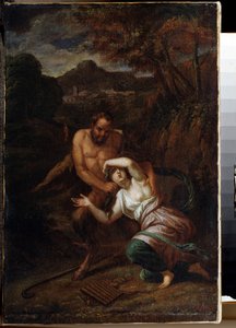 《潘与仙女西林克斯》（Pan and Nymph Syrinx），塞巴斯蒂安·布尔登（Sebastien Bourdon，1616-1671）绘画，17世纪，圣彼得堡加特契纳宫国家露天博物馆 作者 Sébastien Bourdon