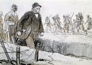 第一次世界大战：克列孟梭（1841-1929 年）的肖像在参观前线的外壳中。 Georges Goursat dit Sem (1863-1934) 的绘画 作者 塞姆