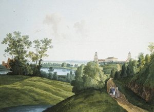 谢苗-费奥多罗维奇-什切林（Semion Chtchedrine）（1745-1804 年）创作的 "察尔斯科耶塞洛公园农场风景"。纸面水粉和墨水