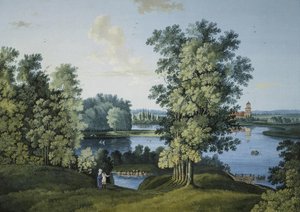 谢苗-费奥多罗维奇-什切林（Semion Chtchedrine）（1745-1804 年）创作的 "察尔斯科耶塞洛公园大池塘景色"，纸上水粉和墨水