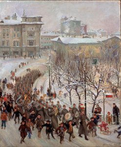 红军战士们。 第二次世界大战期间（1939-1945 年），苏联军队在一座白雪皑皑的城市的街道上游行，前面有铜管乐队，还有快乐的孩子们。 谢尔盖·伊万诺维奇的绘画 作者 谢尔盖·伊万诺维奇·马尔金