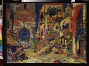 街道景观。朱尔斯-马斯内（1842-1912 年）歌剧《唐吉诃德》的筹备装饰。谢尔盖-伊万诺维奇-彼得罗夫（1881-1936 年）的布面油画。俄罗斯场景艺术，20 世纪。莫斯科国家中央 M. 格林卡音乐博物馆。 作者 谢尔盖·伊万诺维奇·彼得罗夫