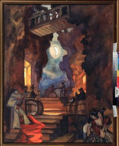 亚瑟·施尼茨勒（Arthur Schnitzler，1862-1931）为哑剧表演“哥伦拜娜的围巾”准备的装饰（A Schnitzler 为哑剧表演“哥伦拜娜的围巾”设计的舞台） - 谢尔盖·尤里耶维奇·苏德金 (Serge Soudeikine) (1882 -1946) 的作品，蛋彩画