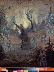 伊万-库帕拉之夜（俄罗斯民间传说中的仲夏圣约翰节）--谢尔盖-尤里耶维奇-苏代金（Sergey Sudeykin）（1882-1946 年）的画作，木板上的蛋彩画，俄罗斯艺术，1964 年。