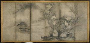 柳树，梅花和柳树中的白鹭，六面板折叠屏幕（纸上墨水） 作者 塞森·史凯