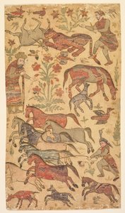 鲁斯塔姆抓住拉赫什的大理石花纹画，约1650年。 作者 沙菲