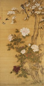 牡丹、鸟和玉兰树，挂轴，清代（绢本设色） 作者 神泉