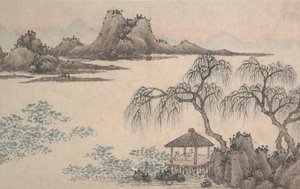 景观与亭子和柳树。