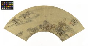 景观与宝塔，房屋和船，1625墨水和金纸上的颜色 作者 盛茂业