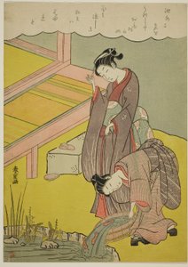 把鱼扔进池塘的年轻女孩 作者 芝港官
