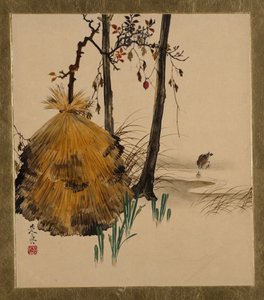 各种题材的漆画：带麻雀的一棵树的雪屋，1882年。 作者 Shibata Zeshin