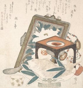 有框画，带酒杯的小支架和带鱼的盘子，19世纪。