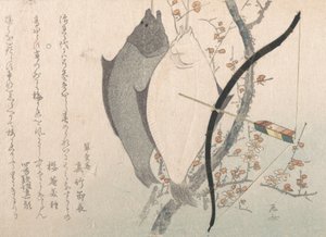 Halibuts and a Bow with Arrow Hanging on a Plum Tree, 19 century. , 19世纪。