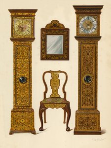 时钟镶嵌着Light Marqueterie，Percy Macquoid的财产;时钟镶嵌黑暗Marqueterie，维多利亚和阿尔伯特博物馆;核桃椅子镶嵌着Marqueterie;镜子（chromolitho） 作者 雪莉·查尔斯·莱韦林·斯洛科姆