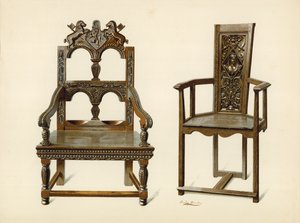 Oak Cacqueteuse椅子，Percy Macquoid的财产; Yew Chair，利兹公爵（chromolitho）的财产 作者 雪莉·查尔斯·莱韦林·斯洛科姆