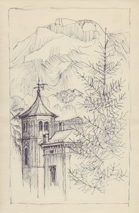 教堂和山脉，意大利，约1950年。 作者 雪莉·马卡姆